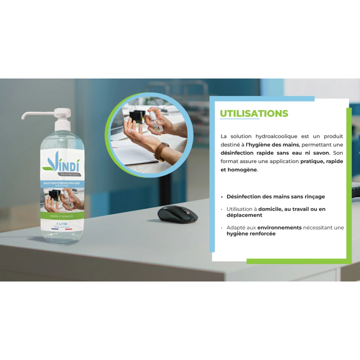 Solution hydroalcoolique flacon pompe de 1L | Fabrication Française