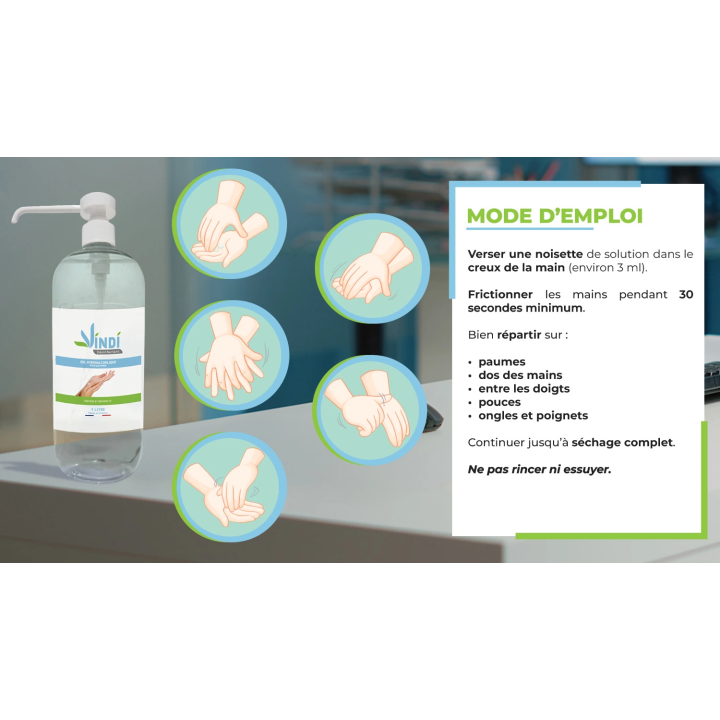 Gel hydroalcoolique flacon pompe de 1L | Fabrication Française