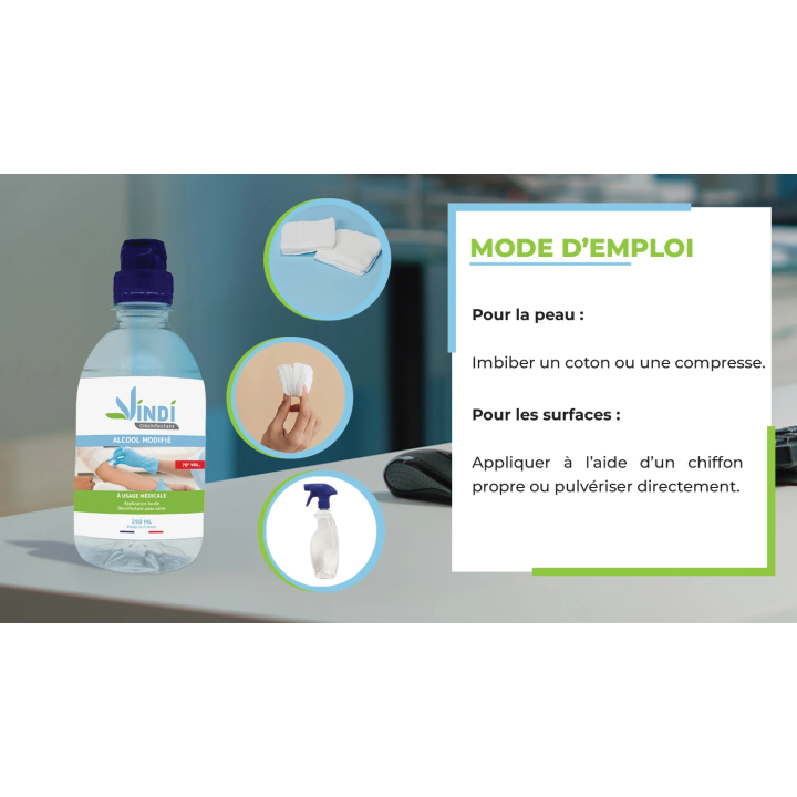 Alcool modifié 70° flacon de 250ml - Vindi Désinfectant