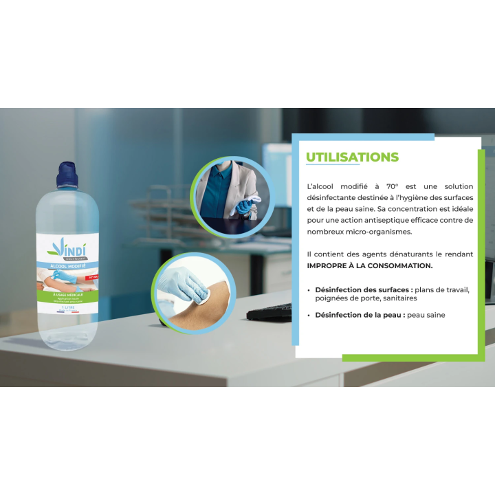 Alcool modifié 70° flacon de 1L | Fabrication Française